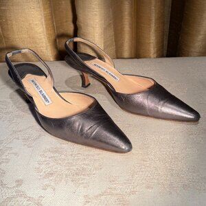 Manolo Blahnik Carolyne Gun Metal Gray Leather Sling Back Pump Size 38